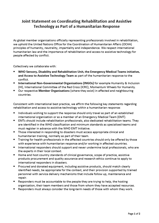 Joint Statement on Coordinating Rehabilitation and Assistive Technology as Part of a Humanitarian Response
