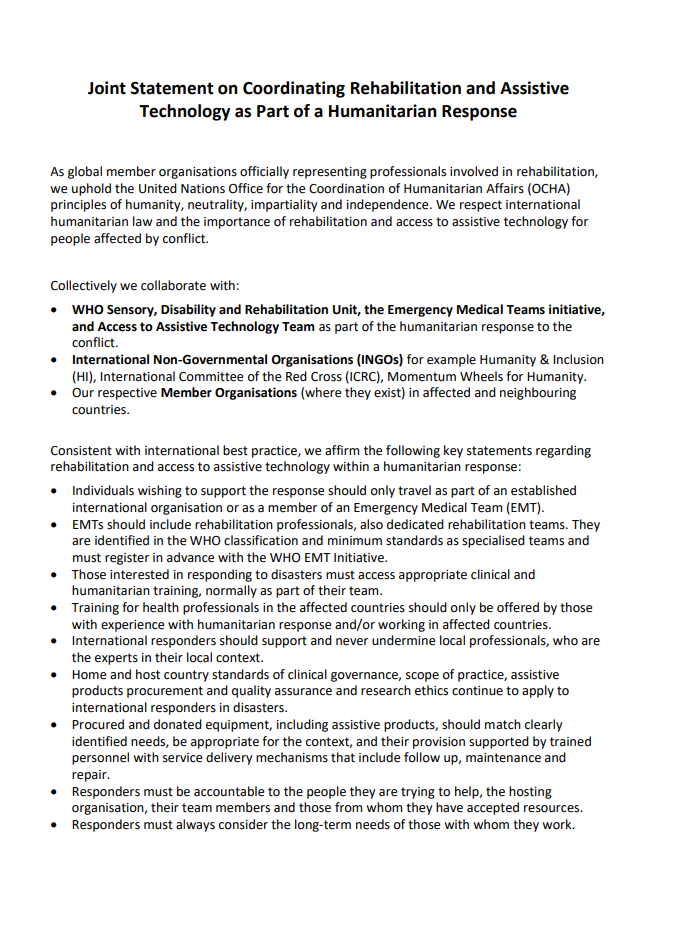 Joint Statement on Coordinating Rehabilitation and Assistive Technology as Part of a Humanitarian Response