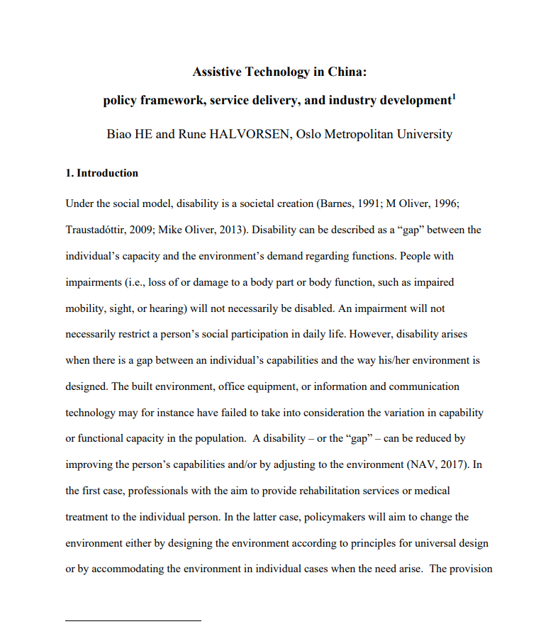 Assistive Technology in China:
policy framework, service delivery, and industry development
