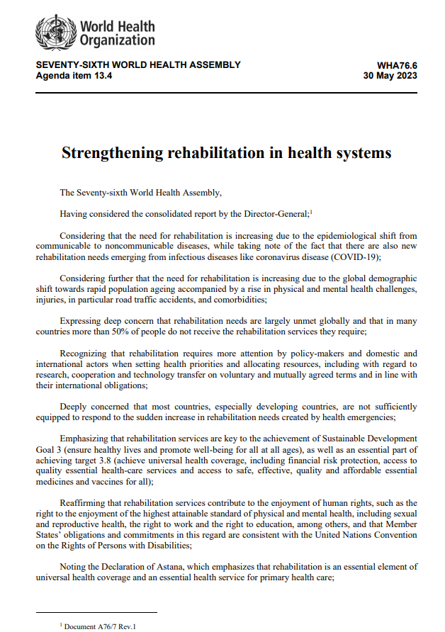 World Health Assembly (WHA) Resolution 76.6: Strengthening rehabilitation in health systems