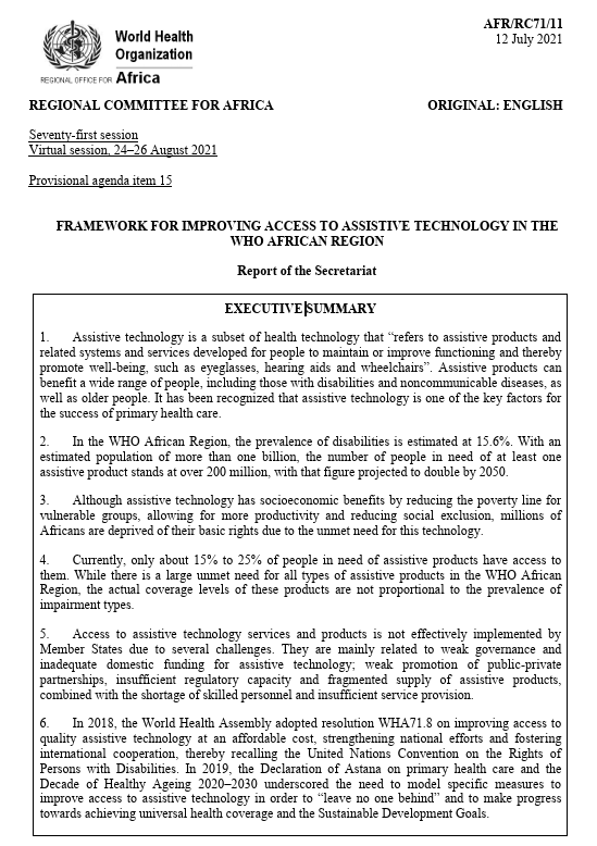 Framework for improving access to assistive technology in the WHO African Region